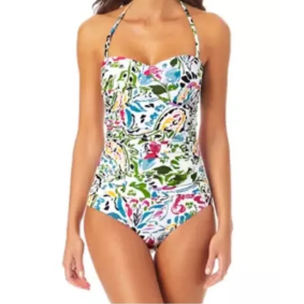 Anne Cole Sz 6 Floral Halter One Piece Swimsuit Multicolor Bright Garden Print - Picture 10 of 15